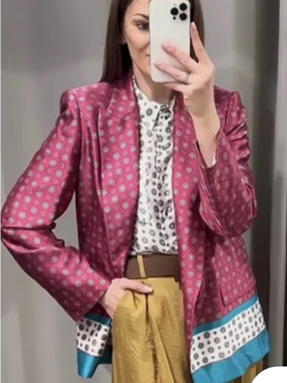 Zara Magenta Printed Satin Blazer with Teal Trim